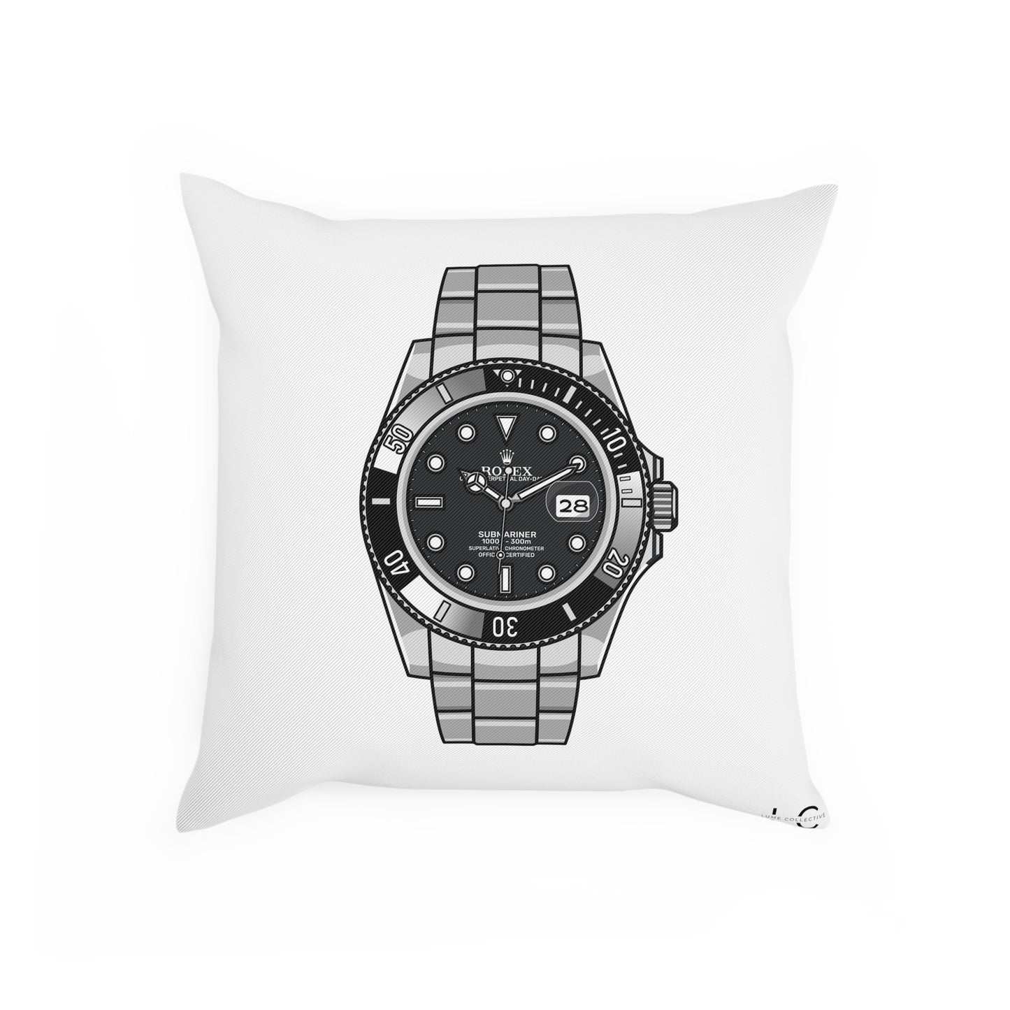 Rolex Submariner Black Single Watch Collector Square Cushion Pillow - White